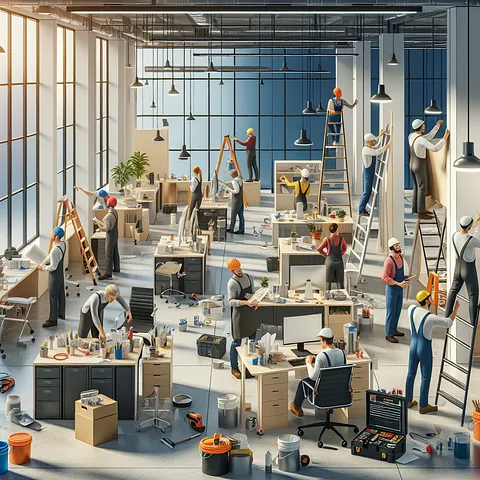 Realistic stock image of workers renovating an office