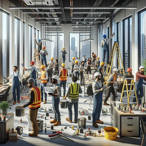 Realistic stock image of workers renovating office